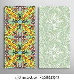Vertical seamless patterns set, floral geometric lace texture for Wedding, Valentine's day, greeting cards or Birthday Invitations. Decorative seamless backgrounds. Ethnic ornament, border pattern