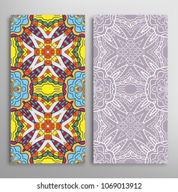 Vertical seamless patterns set, floral geometric lace texture for Wedding, Valentine's day, greeting cards or Birthday Invitations. Decorative seamless backgrounds. Ethnic ornament, border pattern