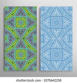 Vertical seamless patterns set, floral geometric lace texture for Wedding, Valentine's day, greeting cards or Birthday Invitations. Decorative seamless backgrounds. Ethnic ornament, border pattern