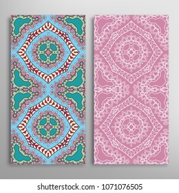 Vertical seamless patterns set, floral geometric lace texture for Wedding, Valentine's day, greeting cards or Birthday Invitations. Decorative seamless backgrounds. Ethnic ornament, border pattern