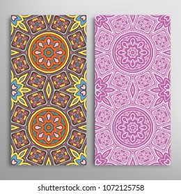 Vertical seamless patterns set, floral geometric lace texture for Wedding, Valentine's day, greeting cards or Birthday Invitations. Decorative seamless backgrounds. Ethnic ornament, border pattern