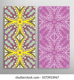 Vertical seamless patterns set, floral geometric lace texture for Wedding, Valentine's day, greeting cards or Birthday Invitations. Decorative seamless backgrounds. Ethnic ornament, border pattern