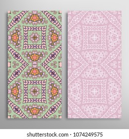 Vertical seamless patterns set, floral geometric lace texture for Wedding, Valentine's day, greeting cards or Birthday Invitations. Decorative seamless backgrounds. Ethnic ornament, border pattern