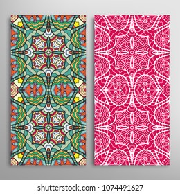 Vertical seamless patterns set, floral geometric lace texture for Wedding, Valentine's day, greeting cards or Birthday Invitations. Decorative seamless backgrounds. Ethnic ornament, border pattern