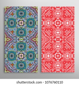 Vertical seamless patterns set, floral geometric lace texture for Wedding, Valentine's day, greeting cards or Birthday Invitations. Decorative seamless backgrounds. Ethnic ornament, border pattern
