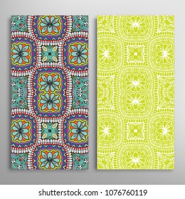 Vertical seamless patterns set, floral geometric lace texture for Wedding, Valentine's day, greeting cards or Birthday Invitations. Decorative seamless backgrounds. Ethnic ornament, border pattern