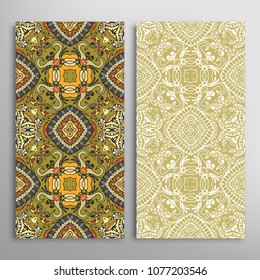 Vertical seamless patterns set, floral geometric lace texture for Wedding, Valentine's day, greeting cards or Birthday Invitations. Decorative seamless backgrounds. Ethnic ornament, border pattern