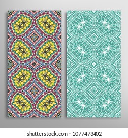 Vertical seamless patterns set, floral geometric lace texture for Wedding, Valentine's day, greeting cards or Birthday Invitations. Decorative seamless backgrounds. Ethnic ornament, border pattern