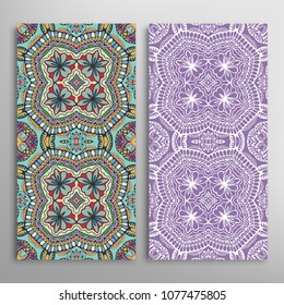 Vertical seamless patterns set, floral geometric lace texture for Wedding, Valentine's day, greeting cards or Birthday Invitations. Decorative seamless backgrounds. Ethnic ornament, border pattern