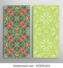 Vertical seamless patterns set, floral geometric lace texture for Wedding, Valentine's day, greeting cards or Birthday Invitations. Decorative seamless backgrounds. Ethnic ornament, border pattern