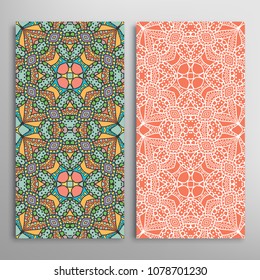 Vertical seamless patterns set, floral geometric lace texture for Wedding, Valentine's day, greeting cards or Birthday Invitations. Decorative seamless backgrounds. Ethnic ornament, border pattern