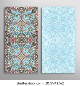 Vertical seamless patterns set, floral geometric lace texture for Wedding, Valentine's day, greeting cards or Birthday Invitations. Decorative seamless backgrounds. Ethnic ornament, border pattern