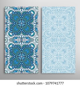 Vertical seamless patterns set, floral geometric lace texture for Wedding, Valentine's day, greeting cards or Birthday Invitations. Decorative seamless backgrounds. Ethnic ornament, border pattern