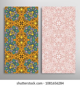Vertical seamless patterns set, floral geometric lace texture for Wedding, Valentine's day, greeting cards or Birthday Invitations. Decorative seamless backgrounds. Ethnic ornament, border pattern