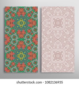 Vertical seamless patterns set, floral geometric lace texture for Wedding, Valentine's day, greeting cards or Birthday Invitations. Decorative seamless backgrounds. Ethnic ornament, border pattern