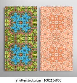 Vertical seamless patterns set, floral geometric lace texture for Wedding, Valentine's day, greeting cards or Birthday Invitations. Decorative seamless backgrounds. Ethnic ornament, border pattern