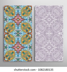 Vertical seamless patterns set, floral geometric lace texture for Wedding, Valentine's day, greeting cards or Birthday Invitations. Decorative seamless backgrounds. Ethnic ornament, border pattern