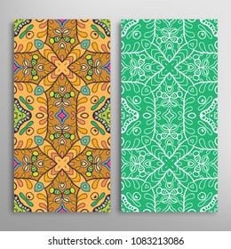 Vertical seamless patterns set, floral geometric lace texture for Wedding, Valentine's day, greeting cards or Birthday Invitations. Decorative seamless backgrounds. Ethnic ornament, border pattern