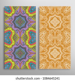 Vertical seamless patterns set, floral geometric lace texture for Wedding, Valentine's day, greeting cards or Birthday Invitations. Decorative seamless backgrounds. Ethnic ornament, border pattern