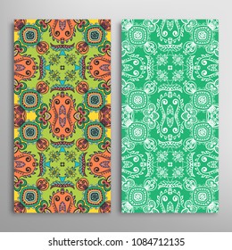 Vertical seamless patterns set, floral geometric lace texture for Wedding, Valentine's day, greeting cards or Birthday Invitations. Decorative seamless backgrounds. Ethnic ornament, border pattern