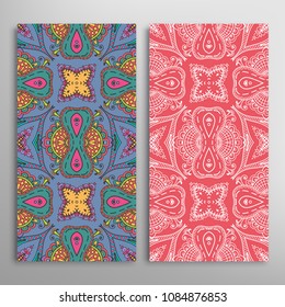 Vertical seamless patterns set, floral geometric lace texture for Wedding, Valentine's day, greeting cards or Birthday Invitations. Decorative seamless backgrounds. Ethnic ornament, border pattern