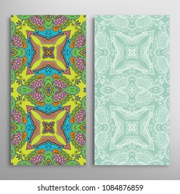 Vertical seamless patterns set, floral geometric lace texture for Wedding, Valentine's day, greeting cards or Birthday Invitations. Decorative seamless backgrounds. Ethnic ornament, border pattern