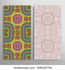 Vertical seamless patterns set, floral geometric lace texture for Wedding, Valentine's day, greeting cards or Birthday Invitations. Decorative seamless backgrounds. Ethnic ornament, border pattern