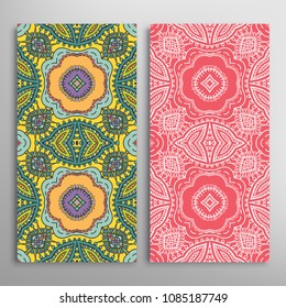 Vertical seamless patterns set, floral geometric lace texture for Wedding, Valentine's day, greeting cards or Birthday Invitations. Decorative seamless backgrounds. Ethnic ornament, border pattern