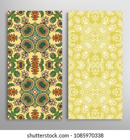 Vertical seamless patterns set, floral geometric lace texture for Wedding, Valentine's day, greeting cards or Birthday Invitations. Decorative seamless backgrounds. Ethnic ornament, border pattern