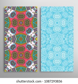 Vertical seamless patterns set, floral geometric lace texture for Wedding, Valentine's day, greeting cards or Birthday Invitations. Decorative seamless backgrounds. Ethnic ornament, border pattern