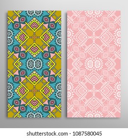 Vertical seamless patterns set, floral geometric lace texture for Wedding, Valentine's day, greeting cards or Birthday Invitations. Decorative seamless backgrounds. Ethnic ornament, border pattern