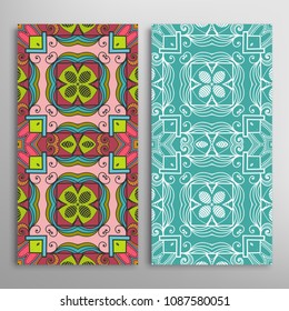 Vertical seamless patterns set, floral geometric lace texture for Wedding, Valentine's day, greeting cards or Birthday Invitations. Decorative seamless backgrounds. Ethnic ornament, border pattern