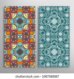 Vertical seamless patterns set, floral geometric lace texture for Wedding, Valentine's day, greeting cards or Birthday Invitations. Decorative seamless backgrounds. Ethnic ornament, border pattern