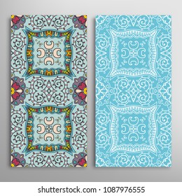 Vertical seamless patterns set, floral geometric lace texture for Wedding, Valentine's day, greeting cards or Birthday Invitations. Decorative seamless backgrounds. Ethnic ornament, border pattern