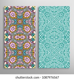 Vertical seamless patterns set, floral geometric lace texture for Wedding, Valentine's day, greeting cards or Birthday Invitations. Decorative seamless backgrounds. Ethnic ornament, border pattern