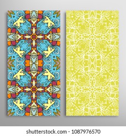 Vertical seamless patterns set, floral geometric lace texture for Wedding, Valentine's day, greeting cards or Birthday Invitations. Decorative seamless backgrounds. Ethnic ornament, border pattern