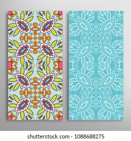 Vertical seamless patterns set, floral geometric lace texture for Wedding, Valentine's day, greeting cards or Birthday Invitations. Decorative seamless backgrounds. Ethnic ornament, border pattern