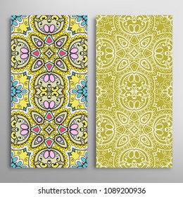 Vertical seamless patterns set, floral geometric lace texture for Wedding, Valentine's day, greeting cards or Birthday Invitations. Decorative seamless backgrounds. Ethnic ornament, border pattern