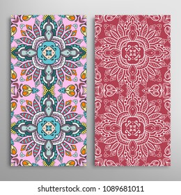 Vertical seamless patterns set, floral geometric lace texture for Wedding, Valentine's day, greeting cards or Birthday Invitations. Decorative seamless backgrounds. Ethnic ornament, border pattern