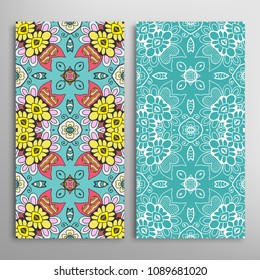 Vertical seamless patterns set, floral geometric lace texture for Wedding, Valentine's day, greeting cards or Birthday Invitations. Decorative seamless backgrounds. Ethnic ornament, border pattern