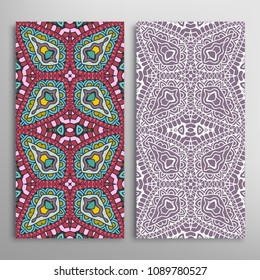 Vertical seamless patterns set, floral geometric lace texture for Wedding, Valentine's day, greeting cards or Birthday Invitations. Decorative seamless backgrounds. Ethnic ornament, border pattern