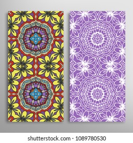 Vertical seamless patterns set, floral geometric lace texture for Wedding, Valentine's day, greeting cards or Birthday Invitations. Decorative seamless backgrounds. Ethnic ornament, border pattern