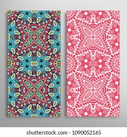 Vertical seamless patterns set, floral geometric lace texture for Wedding, Valentine's day, greeting cards or Birthday Invitations. Decorative seamless backgrounds. Ethnic ornament, border pattern