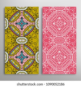 Vertical seamless patterns set, floral geometric lace texture for Wedding, Valentine's day, greeting cards or Birthday Invitations. Decorative seamless backgrounds. Ethnic ornament, border pattern