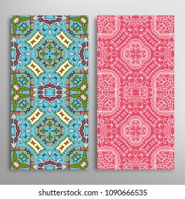 Vertical seamless patterns set, floral geometric lace texture for Wedding, Valentine's day, greeting cards or Birthday Invitations. Decorative seamless backgrounds. Ethnic ornament, border pattern