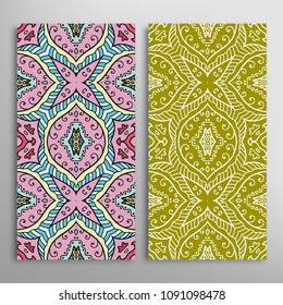 Vertical seamless patterns set, floral geometric lace texture for Wedding, Valentine's day, greeting cards or Birthday Invitations. Decorative seamless backgrounds. Ethnic ornament, border pattern