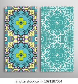 Vertical seamless patterns set, floral geometric lace texture for Wedding, Valentine's day, greeting cards or Birthday Invitations. Decorative seamless backgrounds. Ethnic ornament, border pattern