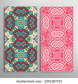 Vertical seamless patterns set, floral geometric lace texture for Wedding, Valentine's day, greeting cards or Birthday Invitations. Decorative seamless backgrounds. Ethnic ornament, border pattern