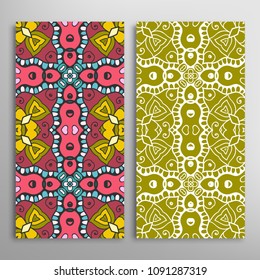 Vertical seamless patterns set, floral geometric lace texture for Wedding, Valentine's day, greeting cards or Birthday Invitations. Decorative seamless backgrounds. Ethnic ornament, border pattern