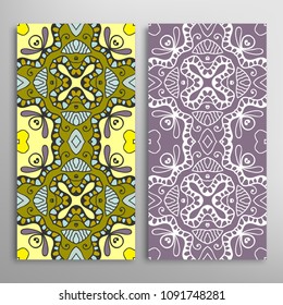 Vertical seamless patterns set, floral geometric lace texture for Wedding, Valentine's day, greeting cards or Birthday Invitations. Decorative seamless backgrounds. Ethnic ornament, border pattern